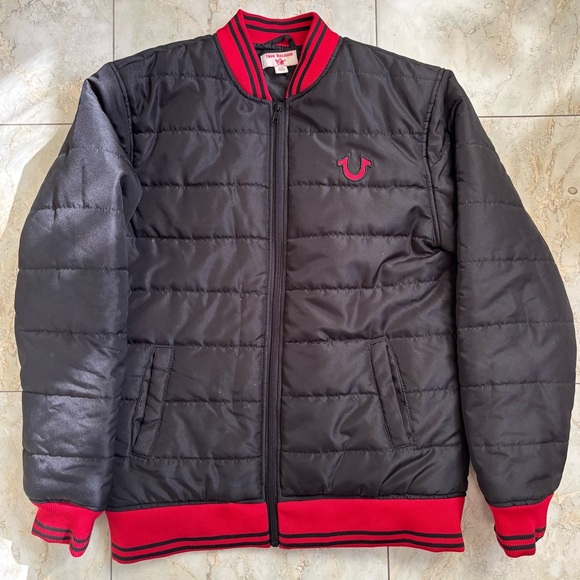 Boy’s True Religion Black Quilted Bomber Jacket Embroidered - Size M - Picture 1 of 10